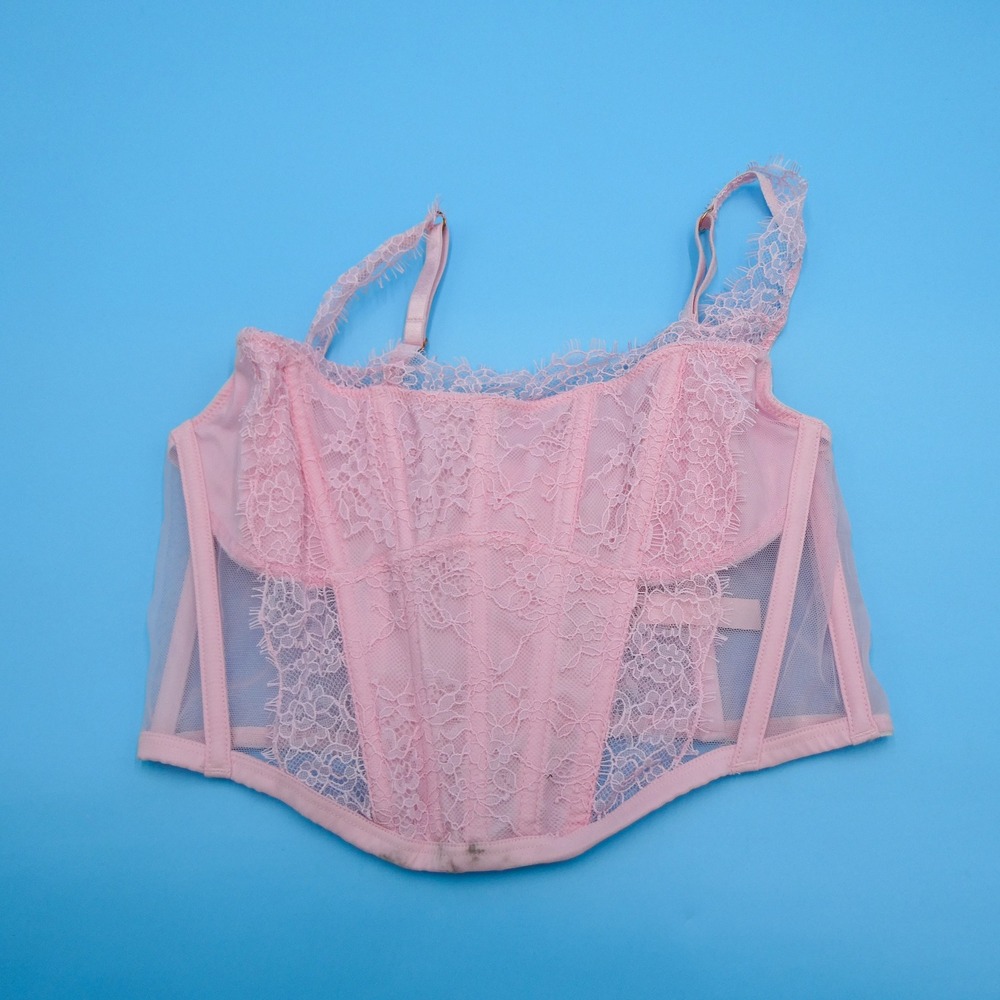 Victoria's Secret Corset Top Womens Medium Dream Angels Pink Lace Mesh Polyester